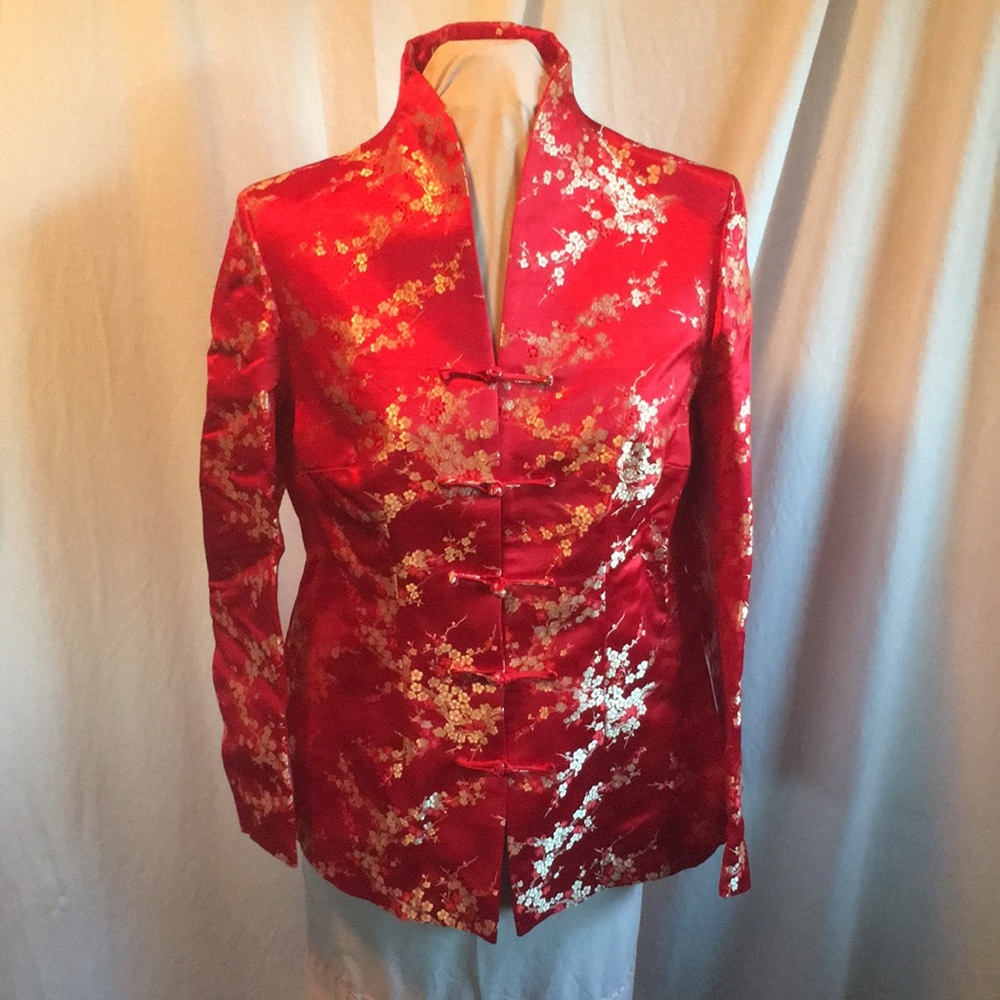Red satin jacket with gold embroidery
